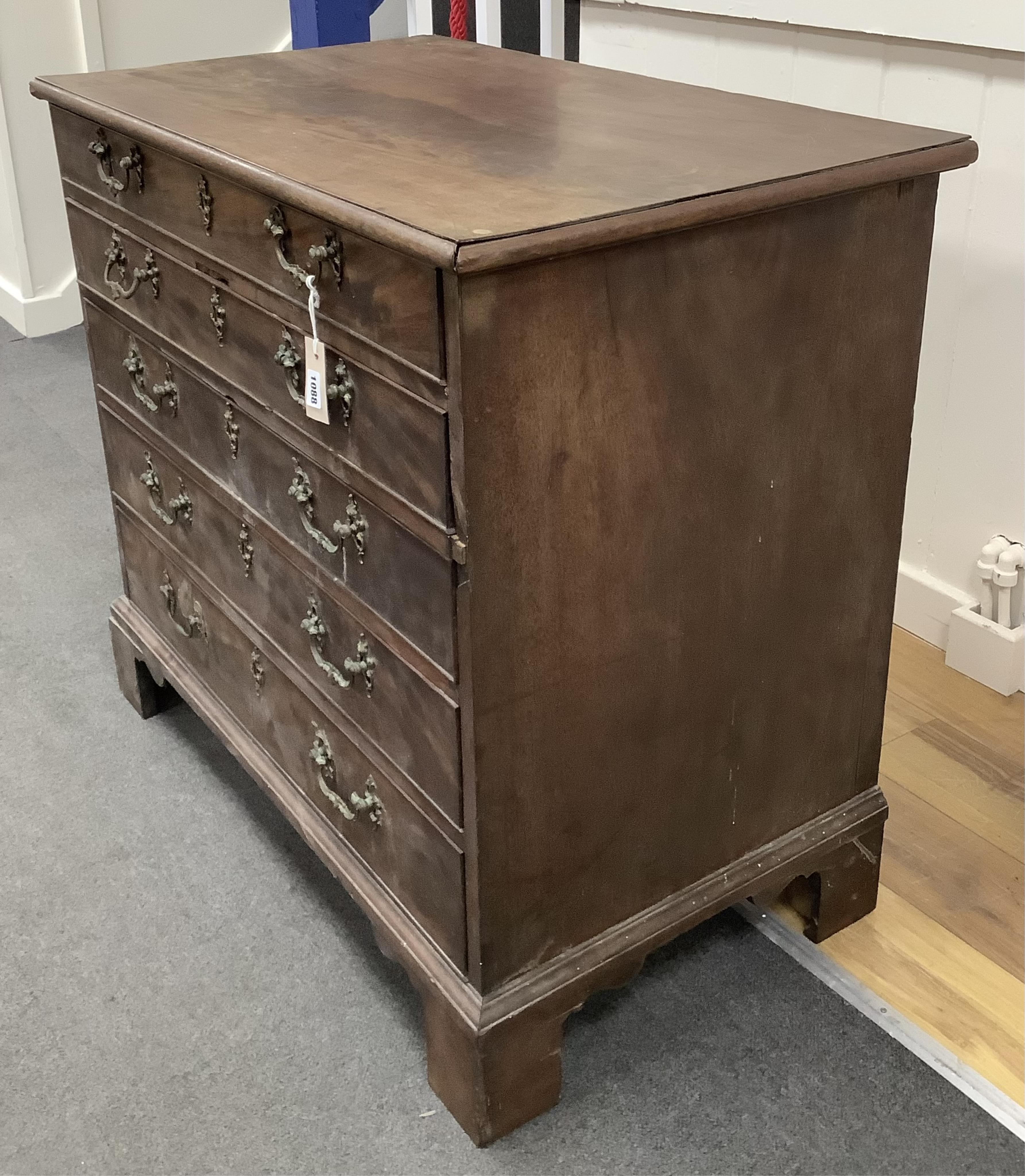 A small George III mahogany five drawer chest, width 91cm, depth 55cm, height 84cm. Condition - in need of restoration